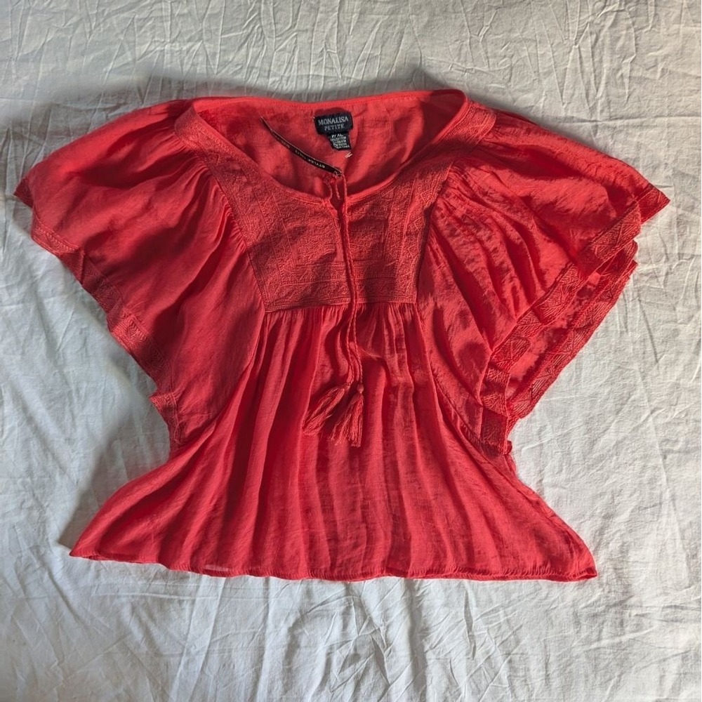 Coral Red Embroidered Peasant Blouse Top Flutter Sleeve Tassel Tie Sz P/XL Boho